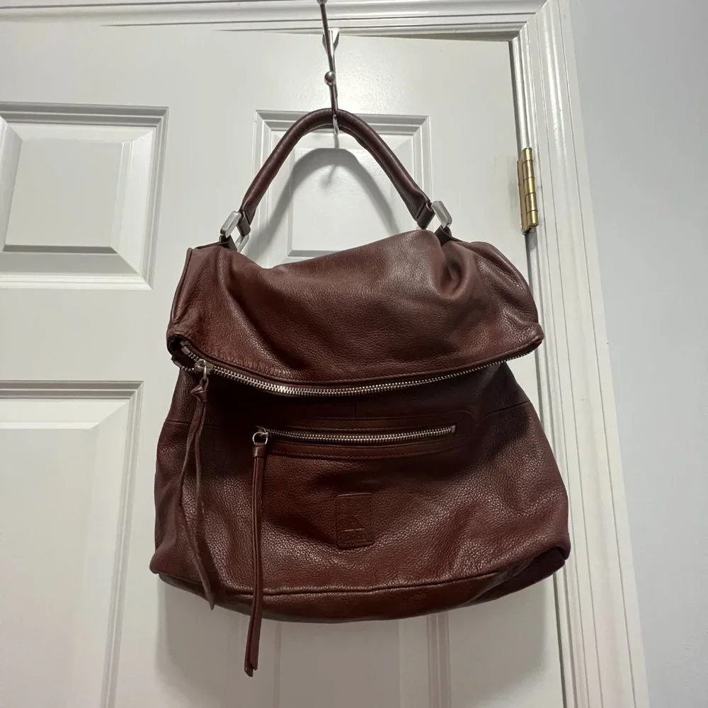 Kooba Hobo Brown Pebbled Leather Slouchy Fold Over Shoulder Bag